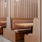 Booth seating area with wood slat walls